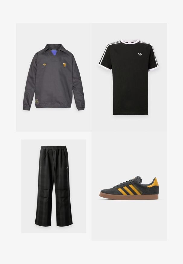 Svart sportig pulloverjacka med krage, med blått innerfoder, broderade logotyper i gult och resår vid ärmslut och fåll.; Svart t-shirt i bomull med vita detaljer. Har korta ärmar, raglan-design och en liten logotyp på bröstet. Tre vita ränder på axlarna.; Svarta rutiga byxor med elastisk midja, två framfickor och en lös passform med rak bendesign. Tillverkade av lätt material.; Svart mockaskor med gula accenter, med tre ränder och en brun gummisula. Inkluderar en vadderad tunga för extra komfort.
