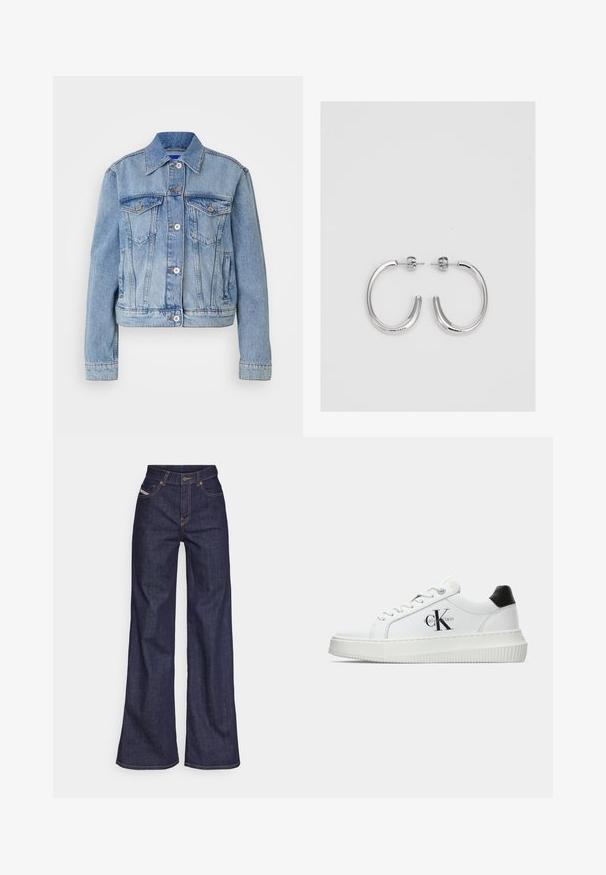 HUGO ANOUK - Teksajakk - turquoise/aqua; Valge puuvillane T-särk, millel on trükitud illustreerimine kahest naisest, kes kannavad linnastiili, koos koeraga ülekäigurajal ning linnamajadega.; Tumedates sinised laiad teksad denimpesus, kõrge vöökohaga, mis on varustatud oranžide õmblustega, viie-taskulise disaini ja nööbiga kinnitusega.; Valge madalate sokkidega jooksutoss, millel on must konts, platvormi tallad, paelad ja Calvin Kleini "CK" logo küljel.; Hõbedased rõngaskõrvarõngad, millel on sile ja läikiv pind. Ümar kuju, kerge disain, millel on post-tagumise kinnituse süsteem.