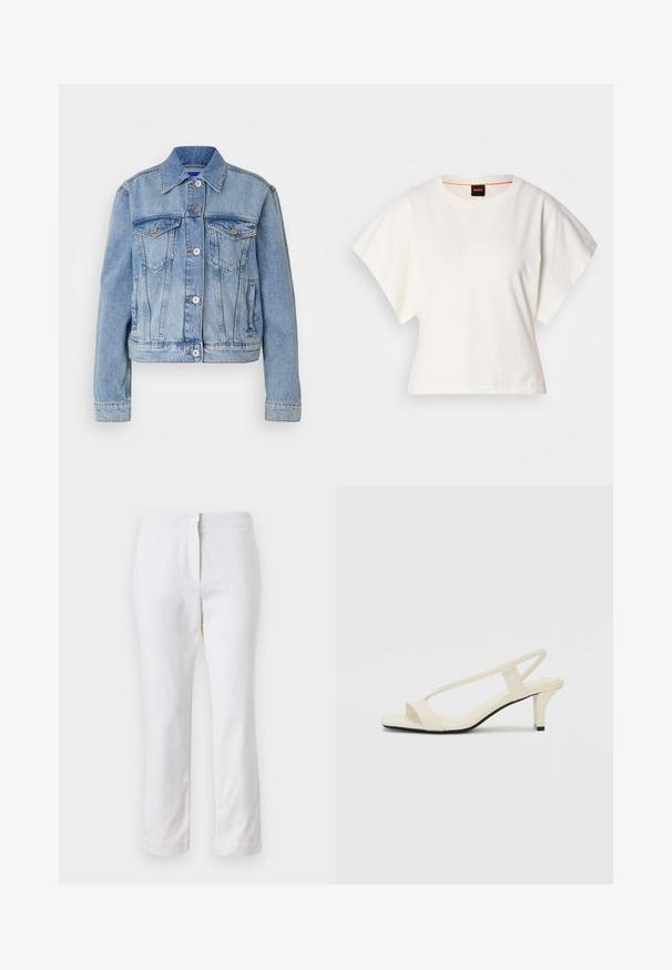 HUGO ANOUK - Džinsa auduma jaka - turquoise/aqua; Balts īsais T-krekls, plašas īsas piedurknes, mīksts kokvilnas materiāls, apaļa kakla izgriezums ar delikātu oranžu apdari, minimāls dizains, bez rakstiem vai grafikām.; Baltas kokvilnas bikses ar taisnu kāju dizainu, ar vidēju augstumu un bez redzamām detaļām vai rakstiem. Visā virsmā ir gluda tekstūra.; Beige bloku papēžu sandales ar plānām siksnām un kvadrāta formas purngalu. Gluda materiāla virsma ar minimālām detaļām, paredzētas ērtai nēsāšanai.