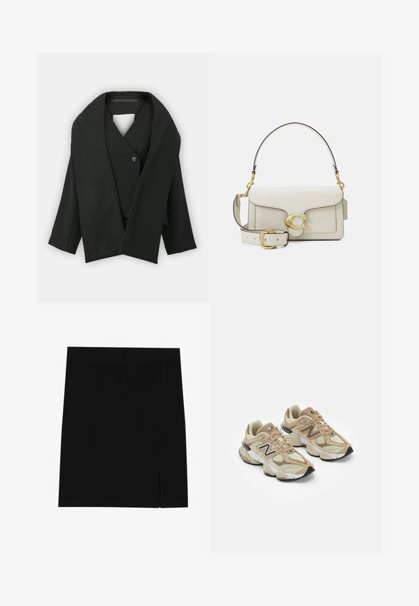 Černý obalový kabát vyrobený z texturované tkaniny, se špičatým výstřihem, jednobarevným zapínáním na knoflík a širokými rukávy. Minimalistický design, bez viditelných vzorů.; Šedá mikina s polozipem, žebrovanými manžetami a malým vyšitým logem na hrudi. Měkká tkanina z bavlněné směsi.; Černá mini sukně z jemné tkaniny s přiléhavým střihem, která má mírný rozparek na boku pro přidaný detail.; Béžové tenisky vyrobené z materiálů síťoviny a semiše. Obsahují černé logo a texturované prvky. Silná bílá mezipodešev a černá gumová podrážka.; Bílá kožená kabelka se zlatým kováním, s klopovým zapínáním a odnímatelným, nastavitelným popruhem. V centru je zaoblený kovový detail.