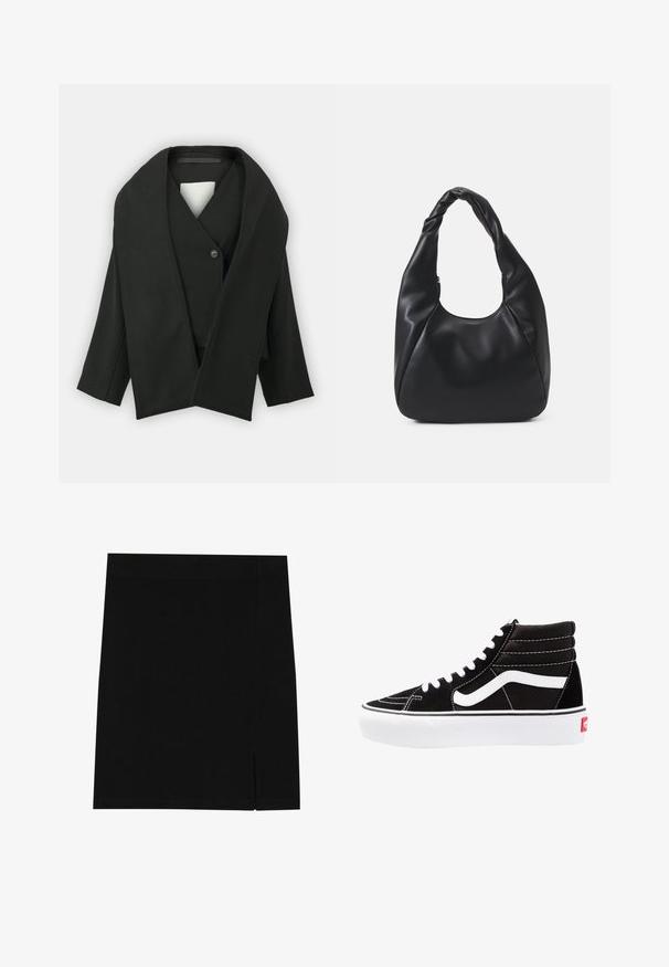Svart omslagsjacka i texturerat tyg, med V-hals, enkel knappstängning och vida ärmar. Minimalistisk design, inga synliga mönster.; Vit kortärmad t-shirt i bomull med rund halsringning och avslappnad passform. Slät textur utan synliga mönster eller dekorationer.; Svart mini kjol i mjukt tyg med en åtsittande design, utrustad med en liten slits på sidan för extra detalj.; Svarta hög top sneakers med vita snören, en vit logotyp och kontrasterande vita sömmar. Har en tjock vit sula och texturerad mockaöverdel.; Svart hobo-väska i slätt läderliknande material med ett tvinnat handtag, med en mjuk, rundad form och dragkedjestängning upptill.