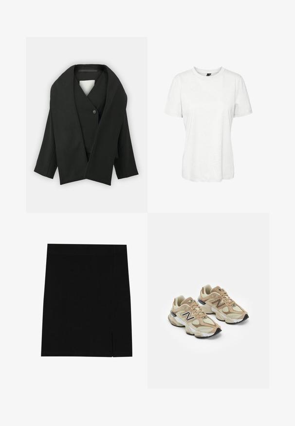 Zwarte wikkeljas van textuurstof, met een V-hals, enkele knoopsluiting en brede mouwen. Minimalistisch ontwerp, geen zichtbare patronen.; Witte korte mouw t-shirt van katoen met een ronde hals en een relaxte pasvorm. Gladde textuur en geen zichtbare patronen of versieringen.; Zwarte mini rok gemaakt van zachte stof met een aansluitend ontwerp, met een lichte inkeping aan de zijkant voor extra detail.; Beige sneakers van mesh en nubuck materialen. Bevat een zwart logo en gegrandeerde accenten. Dikke witte tussenzool en zwarte rubberen buitenzool.