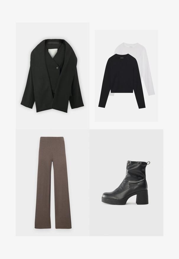 Must mustriga jope, mis on valmistatud tekstuuriga kangast, V-kaeluse, ühe nupuga kinnituse ja laiade varrukatega. Minimalistlik disain, nähtavaid mustreid pole.; Kaks pikade varrukatega särki: üks must ja teine valge. Mõlemal on ümar kaelus, raglanvarrukad ja pehme puuvillasegu kangas.; Laiad pahkluudriga püksid tumepruunis toonis, millel on veniv vöökoht ja pehme, tekstuuriga kangas.; Mustad mustad ansapüksid, mis on valmistatud siledast nahast, külje zipperiga, paksu tekstuuriga kontsaga ja ümmarguse nina disainiga.