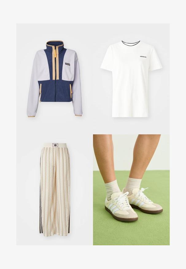 Kratka flis jakna v beli, mornarsko modri in rumeni barvi. Ima visok ovratnik, sprednji zadrgo in dvobarvno panelno zasnovo s stranskimi žepi.; Bela bomba majica iz bombaža s kratkimi rokavi in okroglim izrezom. Ima črni Adidas logotip na prsih ter kontrastni črni notranji ovratnik.; Hlače širokega kroja kremne barve z zigzag vzorcem, opremljene z črnim logotipom na pasu in stranskimi črnimi črtami. Lahka, teksturirana tkanina.; Samba teniske s kremno-bež barvno shemo, ki imajo tri svetlo modre črte, bele vezalke in rjave gumijaste podplate.