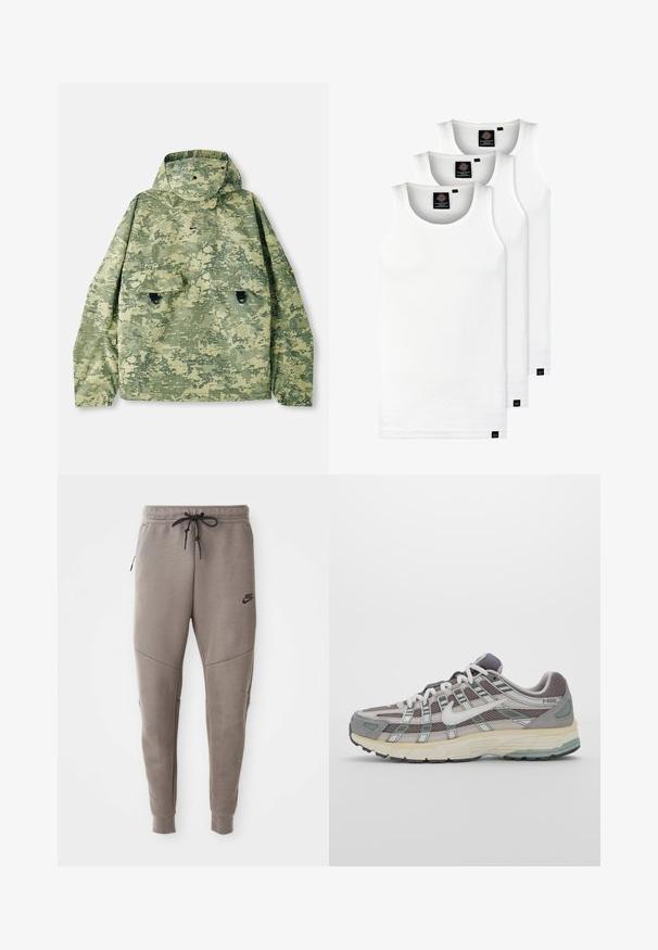 Camouflage jacket in shades of green with a hood, two front pockets, and a textured fabric. Features snap closures and a loose fit.; Three white ribbed tank tops made of cotton. Features a crew neck and small black labels near the hem. Available in multiple sizes.; Gray Nike sweatpants with a drawstring waistband, tapered legs, side pockets, and distinct seam detailing. Soft, textured fabric.; Gray athletic shoe featuring a mesh and suede upper, white accents, a cushioned sole, and a distinctive design with reflective elements.