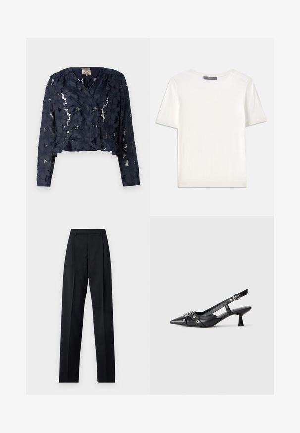 Navy blue cropped jacket made of lace with floral patterns, featuring a double-breasted front and two buttons. Textured, semi-sheer fabric.; White short-sleeve knit top with a round neckline, featuring a smooth texture and subtle ribbed accents at sleeves and hem.; Black trousers made from smooth fabric featuring a high waist, wide legs, front pleats, and classic belt loops. No side pockets visible.; Black leather slingback shoe with a pointed toe, decorative straps featuring metal eyelets, and a low block heel. Textured surface.
