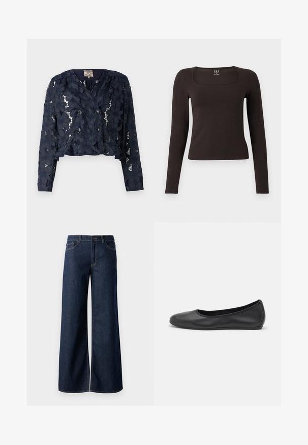 Tengerészkék, virágmintás csipkeblúz, cropped fazonban, dupla gombos elülső résszel és két gombbal. Texturált, félig átlátszó anyag.; Fekete, hosszú ujjú, elasztikus felső négyzet alakú dekoltázzsal, GAP felirattal, fehér háttér előtt bemutatva.; Sötét kék farmer széles lábú nadrág. Kontrasztos varrással, öt zsebhálóval és gombos derékzárással rendelkezik. Simás textúra.; Fekete bőr balettcipő lekerekített orral, sima tekstúrával, minimális varrással és rugalmas talp kialakítással.