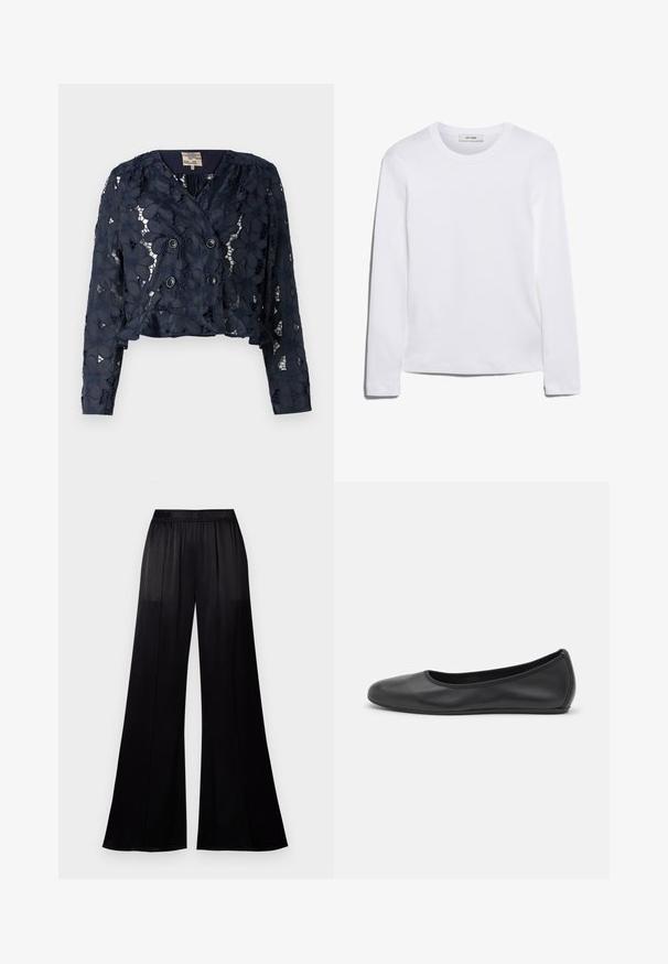 Námořnická modrá zkrácená bunda z krajky s květinovými vzory, s dvouvrstvým předním dílem a dvěma knoflíky. Texturovaná, poloprůhledná látka.; Bílé tričko s dlouhým rukávem vyrobené z žebrované bavlny, s kulatým výstřihem a rovnými lemy. Jednoduchý design bez vzorů nebo akcentů.; Černé kalhoty s širokými nohavicemi vyrobené z hladkého materiálu, s elastickým pasem a dvěma bočními švy pro větší strukturu.; Černé kožené baletní byty s kulatou špičkou, hladkou texturou, minimálními švy a flexibilním designem podrážky.