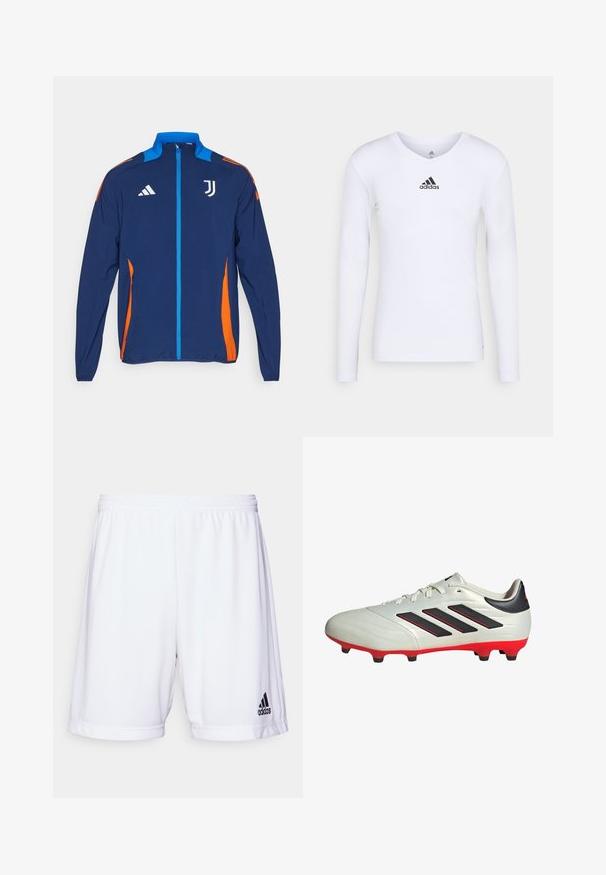 Chaqueta azul con acentos naranjas, cremallera completa, cuello alto y bolsillos laterales. Presenta el logo de Adidas y el emblema de la Juventus en el pecho.; Camiseta deportiva de manga larga blanca, fabricada con material suave, que presenta un logo negro de Adidas en el pecho; diseño de cuello en V y forma ajustada.; Bermudas deportivas blancas con una cintura elástica, fabricadas con un tejido suave. Presenta un logo negro de Adidas en la parte inferior izquierda.; Botas de fútbol blancas con acentos negros y suela roja. Presentan tres rayas negras en el lateral y una parte superior de textura suave.