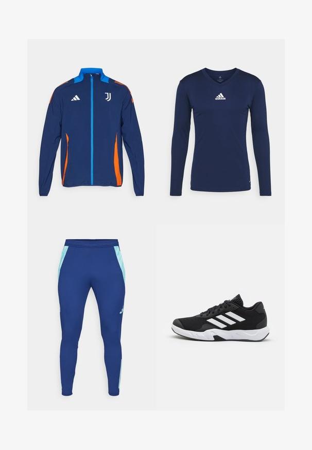 Blauwe jas met oranje accenten, volledige rits, hoge kraag en zakken aan de zijkanten. Bevat het Adidas-logo en het Juventus-embleem op de borst.; Marineblauw sportshirt met lange mouwen, gemaakt van textuurstof, met een V-hals en een wit Adidas-logo op de borst. Eenvoudig ontwerp, nauwsluitende pasvorm.; Marineblauwe sportleggings gemaakt van rekbaar materiaal, met lichtblauwe zijpanelen en een aansluitend ontwerp met een smalle enkelboord.; Zwarte sportieve schoenen met een geperforeerde mesh bovenkant, witte accentstrepen, een gevoerde zool en een versterkte hiel voor extra ondersteuning.