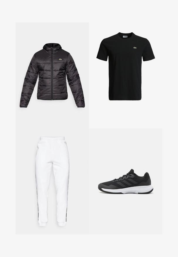 Čierna prešívaná bunda má kapucňu, zips a horizontálne prešívanie. Materiál je lesklý a na hrudi sa nachádza malá zelená nálepka.; Čierne bavlnené tričko s okrúhlym výstrihom, krátkymi rukávmi a malým zeleným logo krokodíla na ľavej hrudi. Hladká textúra, ležérny dizajn.; Biele teplákové nohavice s elastickým pásom, s čiernymi bočnými pruhmi a manžetami. Vyrobené z mäkkej tkaniny s hladkým povrchom.; Čierna atletická topánka s textúrovaným zvrškom, s tromi horizontálnymi pruhmi a bielou podrážkou s vzorovaným profilom. Ľahký a aerodynamický dizajn.