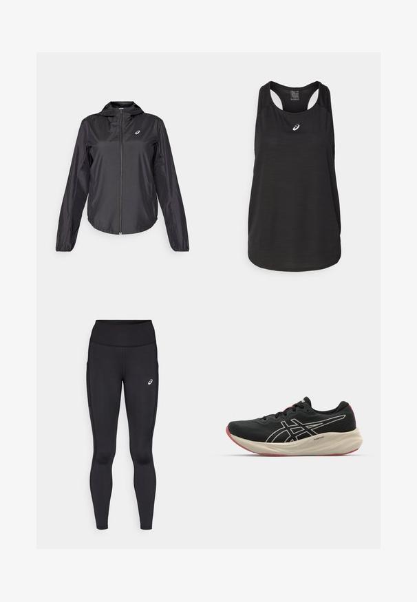 Veste légère noire avec fermeture éclair intégrale, capuche et poignets élastiques. Fabriquée en tissu lisse et brillant. Présente un logo sur la poitrine.; Débardeur de sport noir en tissu léger. Présente un col rond, un design dos nageur et un petit logo blanc à l'avant.; Leggings noirs avec une taille haute, fabriqués en matériau lisse et extensible. Présentent un logo discret sur la cuisse et des poches latérales.; Chaussure de course noire avec un dessus en maille et des accents blancs. Caractéristiques d'une semelle intermédiaire rembourrée et d'un détail de semelle extérieure rouge. Design léger.