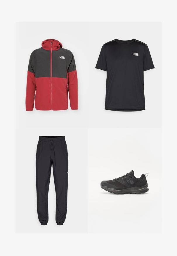The North Face GLACIER HEAVYWEIGHT FULL ZIP - Fleecejakke - garnet red/asphalt grey; Svart kortermet T-skjorte laget av lett materiale. Har en liten hvit logo på venstre bryst og subtile skulderdetaljer.; Sorte idrettsbukser laget av lett stoff, med snor i livet, sidelommer og smale mansjetter ved anklene.; Svart treningssko med mesh-overdel, gummiyttersåle og polstret krage. Har snører, logo på siden og et teksturert design.
