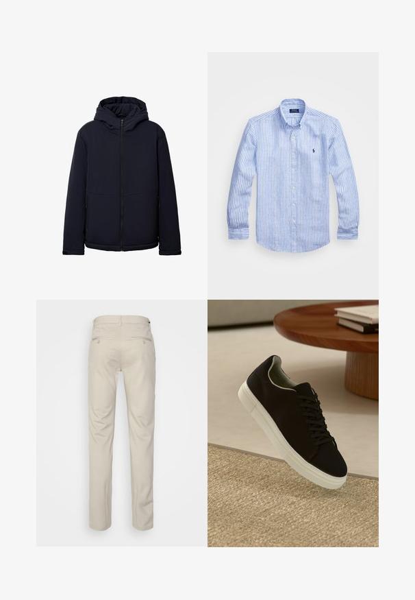 Giacca con cappuccio blu navy con zip frontale, texture liscia, tasche laterali e vestibilità leggermente affusolata all'orlo.; Camicia a maniche lunghe a righe bianche e blu in cotone, con colletto button-down, bottoni frontali e un piccolo logo ricamato sul petto.; Pantaloni beige con una texture liscia, taglio dritto, due tasche posteriori con bottoni e vita standard.; Sneaker nero con suola bianca che flotta sopra un tappeto beige testurizzato vicino a un tavolo rotondo in legno con libri impilati.