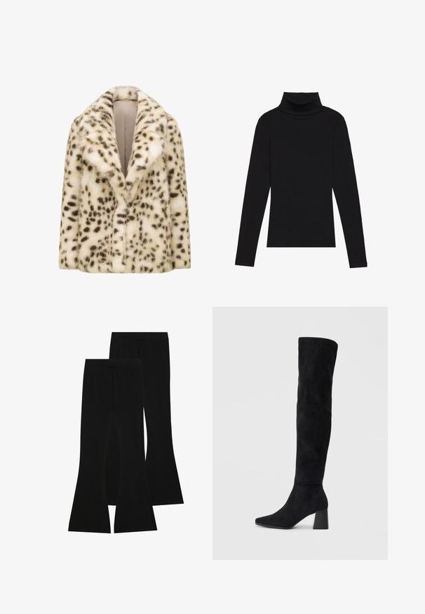 Casaco de pelúcia falsa com padrão de leopardo, colarinho largo, textura suave, base em cor creme e manchas castanhas escuras, apresentando um corte descontraído.; Top de gola alta de manga longa, preto, feito de tecido canelado, apresenta um design justo com um decote elevado e sem padrões ou detalhes.; Calças pretas largas feitas de tecido elástico, com uma cintura alta e uma textura suave, apresentando um design ajustado que se alarga a partir do joelho.; Bota de camurça preta até ao joelho com salto bloco, bico fino e design suave e sem costuras sobre um fundo claro.