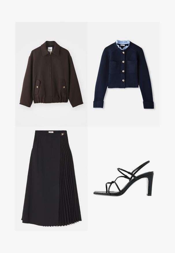 Jachetă maro închis cu fermoar frontal, guler deschis, două buzunare aplicate cu nasturi aurii și tiv elastic. Fabricată dintr-un material neted.; Cardigan scurt de culoare bleumarin, cu două buzunare frontale, nasturi aurii și o guler cu volane de culoare albastră deschisă. Fabricat dintr-un material cu textură ribbed.; Cardigan tricotat gri, cu mânecă scurtă și model în cabluri, având un guler din denim și cinci nasturi aurii în față.; Fustă midi neagră cu un design pliat pe o parte, confecționată dintr-un material ușor, având un fermoar ascuns și buzunare laterale.; Sandale negre cu toc, cu barete subțiri, finisaj texturat, vârful deschis și un design elegant al tocului ascuțit. Au o talpă interioară netedă și o suprafață strălucitoare.