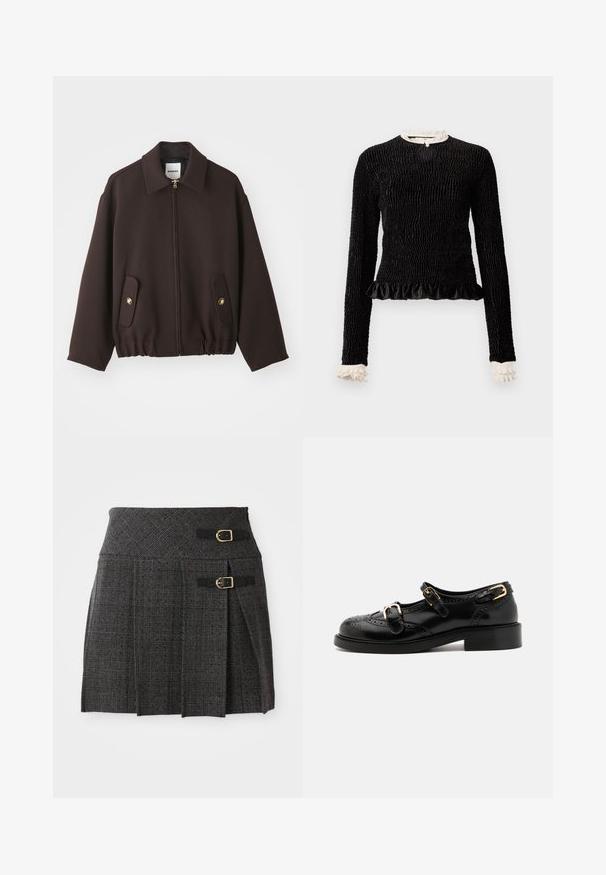Chaqueta marrón oscuro con cremallera frontal, cuello extendido, dos bolsillos de parche con botones dorados y dobladillo elástico. Fabricada con una tela suave.; Top negro de manga larga con tejido texturizado, dobladillo con volantes y acentos de volantes blancos en el cuello y los puños. Presenta un cierre central en forma de lazo.; Falda a cuadros gris con cintura ajustada, que presenta detalles de doble hebilla y pliegues. Hecha de una tela texturada con un diseño tejido.; Zapatos de cuero negro con detalles de brogue, que presentan dos correas con hebillas, una puntera redondeada y un tacón bajo. Textura suave con un acabado brillante.