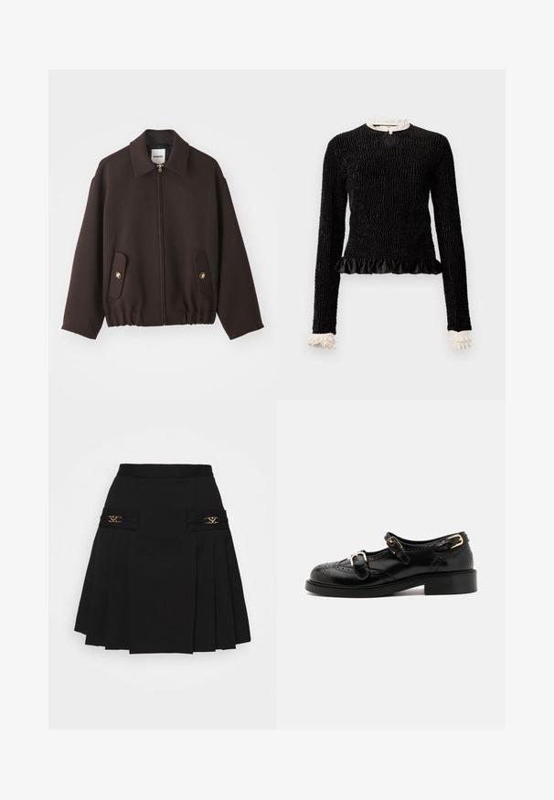 Donkerbruine jas met een rits aan de voorkant, wijde kraag, twee opgestikte zakken met gouden knopen en een elastische onderrand. Gemaakt van een gladde stof.; Zwarte lange mouwen top van textuurstof, met een gerimpelde zoom en witte rimpelaccenten bij de kraag en mouwen. Bevat een centrale lus sluiting.; Zwarte geplooide rok met gouden hardware accenten. Beschikt over zijzakken met logo-details, gemaakt van glad materiaal. A-lijn silhouet.; Zwarte leren schoenen met brogue-details, voorzien van twee gespsluitingen, een ronde neus en een lage hak. Glad oppervlak met een glanzende afwerking.