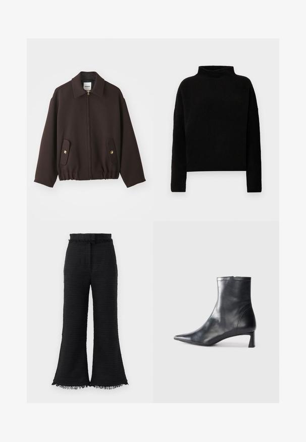Jachetă maro închis cu fermoar frontal, guler deschis, două buzunare aplicate cu nasturi aurii și tiv elastic. Fabricată dintr-un material neted.; Pulover negru cu guler înalt, realizat dintr-un material moale, având mâneci lungi și o croială relaxată, cu cusături minime și fără ornamente vizibile.; Pantaloni negri cu croi larg, dintr-un material texturat, cu tiv desfăcut și talie elastică. Designul are o finisare netedă și o croială lejeră.; Cizmă de gleznă din piele neagră cu vârf ascuțit și un design elegant. Dispune de un toc mic și de o închidere cu fermoar la spate. Textură netedă.
