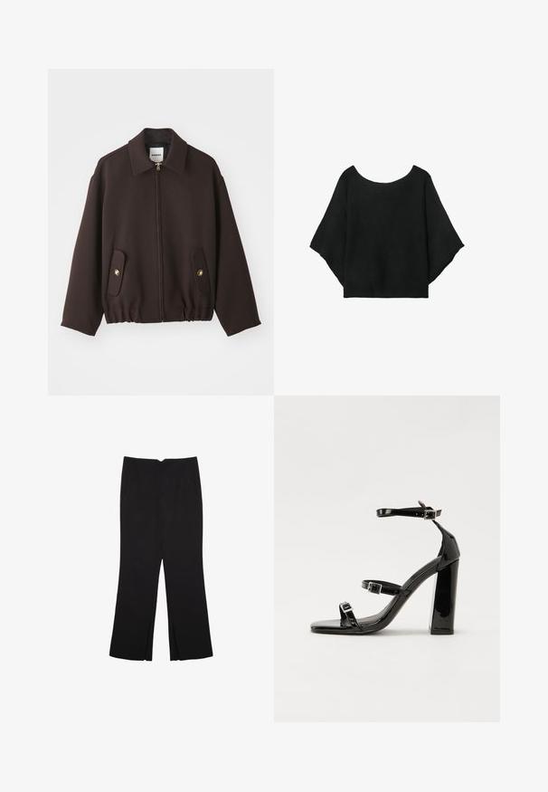 Ciemnobrązowa kurtka z zapięciem na zamek, szerokim kołnierzem, dwoma naszytymi kieszeniami z złotymi guzikami i elastycznym dołem. Wykonana z gładkiego materiału.; Czarna dzianinowa bluzka z szerokimi rękawami, okrągłym dekoltem i luźnym krojem. Tkanina ma prążkowaną fakturę, bez zapięć lub wzorów.; Czarne spodnie o prostym kroju, z przednimi kieszeniami i bocznymi rozcięciami na dole. Wykonane z miękkiego, gładkiego materiału. Odpowiednie na różne okazje.; Czarne lakierowane sandały na wysokim obcasie, z dwoma paskami zapinanymi na klamry, kwadratowy nosek i masywny obcas typu słupek, o gładkiej, błyszczącej fakturze.