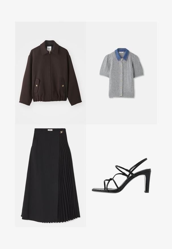 Giacca marrone scuro con zip frontale, colletto aperto, due tasche a patta con bottoni dorati e bordo elastico. Realizzata in un tessuto liscio.; Cardigan corto grigio a maniche corte lavorato a maglia con motivo a treccia, dotato di un colletto in denim e cinque bottoni dorati sul davanti.; Gonna midi nera con design a pieghe su un lato, realizzata in tessuto leggero con zip nascosta e tasche laterali.; Sandali neri con tacco alto, dotati di sottili cinturini, finitura testurizzata, punta aperta e un design elegante con tacco affusolato. Presentano una soletta morbida e una superficie lucida.