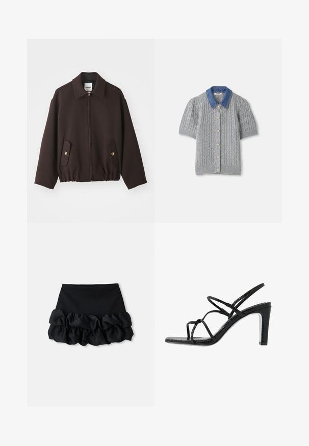 Tmavohnedá bunda so zipsom vpredu, rozšíreným golierom, dvoma vreckami s klopou s zlatými gombíkmi a elastickým lemom. Vyrobená z hladkej tkaniny.; Sivý pletený cardigan s krátkym rukávom, zdobený káblovým vzorom, s džínsovým golierom a piatimi zlatými gombíkmi na prednej strane.; Čierna mini sukňa s priliehavým topom a tromi vrstvami volánikovej textílie na spodnej časti, s hladkou štruktúrou a čistými líniami.; Čierne sandále na podpätku s tenkými pásikmi, štruktúrovaným povrchom, otvorenou špičkou a elegantným, špicatým dizajnom podpätku. Majú hladkú stélku a lesklý povrch.