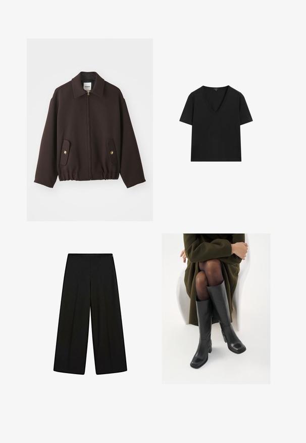 Giacca marrone scuro con zip frontale, colletto aperto, due tasche a patta con bottoni dorati e bordo elastico. Realizzata in un tessuto liscio.; Maglietta nera a maniche corte con scollo a V, dal design semplice e aderente, su sfondo bianco.; Pantaloni neri a gamba larga realizzati in tessuto morbido, con vita alta e pieghe, caratterizzati da una texture liscia e senza decorazioni visibili.; Stivali neri in pelle alti fino al ginocchio con punta squadrata e tacco a blocco, mostrati con un modello seduto in un cappotto verde oliva. Texture liscia, dettagli minimi.