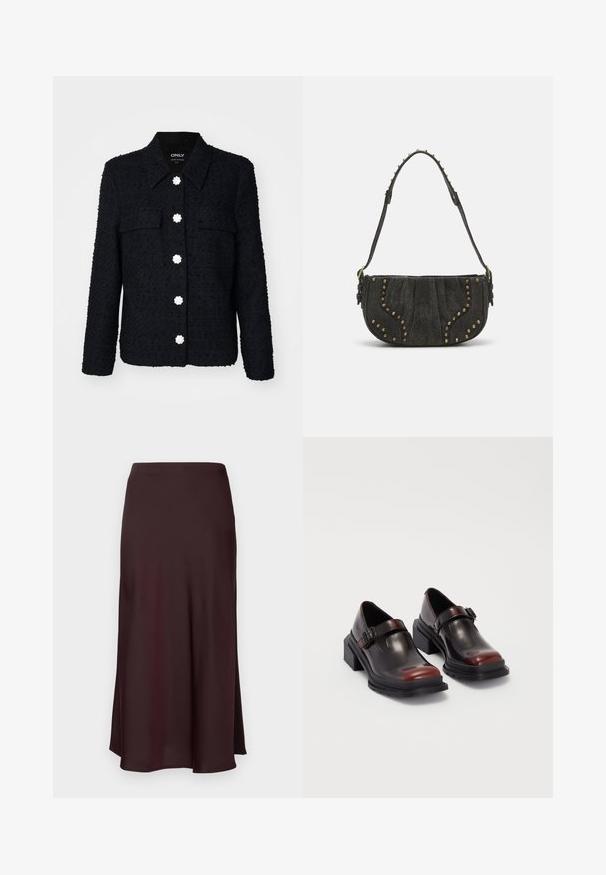 ONLY ONLSABRINA BOUCLE SHACKET - Summer jacket - black; White sleeveless tank top made of ribbed fabric, featuring a rounded neckline and a fitted silhouette, with minimal seams and no embellishments.; Burgundy satin midi skirt with a smooth texture, a straight fit, and a slightly flared hem. No visible patterns or hardware details.; Leather block-heeled shoes with a shiny dark burgundy finish, featuring a buckle strap and rounded toe design. Textured outsole for grip.; Black suede handbag with a curved design, featuring rivet accents and a textured surface. Adjustable strap with stud details along the edge.