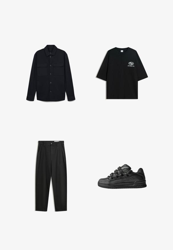 Schwarze Knopfjacket aus glattem Stoff, mit einem spitzen Kragen, zwei Taschen vorne und blauen Knöpfen entlang der Vorderseite.; Schwarzes oversized Baumwoll-T-Shirt mit Rundhalsausschnitt und kurzen Ärmeln, auf der Vorderseite mit einem weißen "Shibuya"-Logo bedruckt.; Schwarze Baumwollhose mit lockerem Schnitt, ausgestattet mit einem klassischen Bund, vorderen Falten und Seiten taschen. Glatte Textur ohne Muster.; Schwarze Sneakers mit einem glatten Leder-Obermaterial, strukturierten Akzenten und runden schwarz-weißen Schnürsenkeln. Dicke Gummisohle mit einem gemusterten Profil.