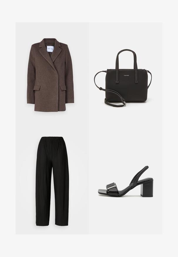 Samsøe Samsøe SAFALCONI JACKET - Klassinen takki - major brown; Valkoinen lyhythihainen t-paita, joka on valmistettu puuvillasta ja jossa on pyöreä kaula-aukko. Tasainen pinta ja suora leikkaus, ilman kuvioita tai koristeita.; Mustat leveälahkeiset housut, joissa on joustava vyötärö. Kankaassa on pystysuoria poimuja ja sileä pinta.; Mustat nilkkaketjulliset korkokengät, joissa on neliönmuotoinen kärki, paksu korko ja metallinen solki. Valmistettu sileästä synteettisestä materiaalista.; Musta käsilaukku, jossa on kaksinkertaiset lyhyet kahvat ja irrotettava olkahihna. Silkkinen nahkatunneinen materiaali, jossa on vetoketjukiinnitys ja logoyksityiskohta.