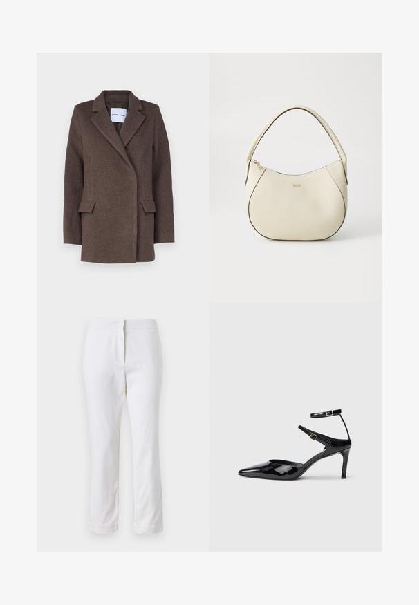 Samsøe Samsøe SAFALCONI JACKET - Abrigo clásico - major brown; Camiseta blanca recortada, con mangas cortas y anchas, material de algodón suave, cuello redondo con un sutil ribete naranja, diseño minimalista, sin patrones ni gráficos.; Pantalones de algodón blancos con un diseño de pierna recta, que cuentan con una cintura de media altura y sin herrajes o patrones visibles. Textura suave en todo su recorrido.; Tacones de charol negros con puntera puntiaguda, correas ajustables en el tobillo y un tacón delgado. Textura suave con un acabado brillante.; Bolso color crema con acabado texturizado, forma curvada, asa corta y detalle del logotipo en tono dorado. Cierre con cremallera en la parte superior.