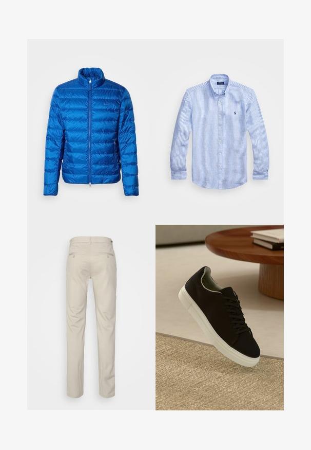 Plava puff jakna s uspravnim ovratnikom, horizontalnim kvadratnim dizajnom, prednjim zatvaračem i bočnim džepovima. Izrađena od laganog, sjajnog materijala.; Plava i bijela prugasta košulja dugih rukava od pamuka, s ovratnikom na dugmad, prednjim dugmadi i malim izvezenim logom na prsima.; Bež hlače s glatkom teksturom, ravnog kroja, dva stražnja džepa s gumbima i standardnim pojasom.; Crna tenisica s bijelim potplatom koja lebdi iznad bež teksturiranog tepiha pored okruglog drvenog stola sa složenim knjigama.
