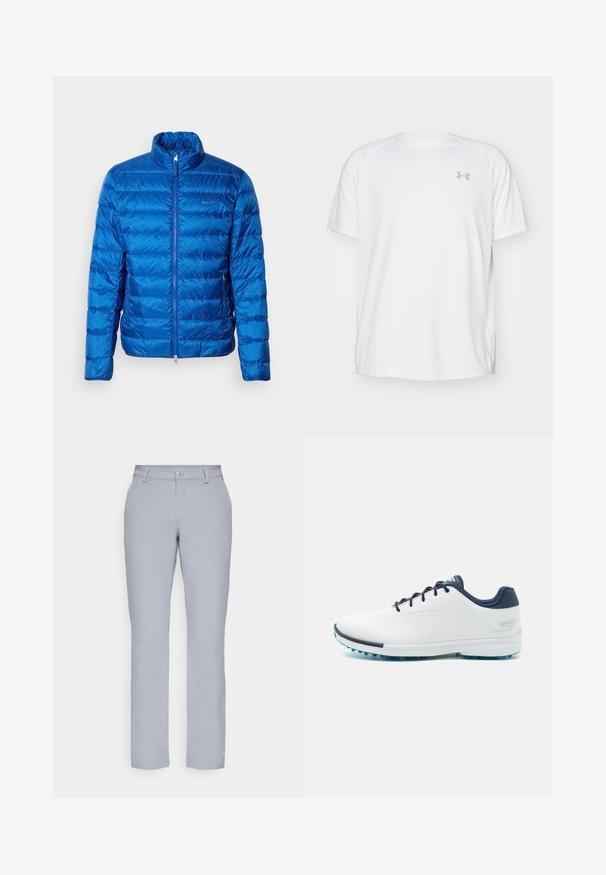 Blue puffer jacket with a stand collar, horizontal quilted design, front zipper, and side pockets. Made of lightweight, shiny material.; White short-sleeve athletic shirt made of smooth fabric. Features a crew neck and gray logo on the left chest, with side slits at the hem.; Light gray trousers with a straight cut, button closure, front pockets, and a smooth, textured fabric. Minimalist design, no patterns.; White athletic shoes with a smooth synthetic upper, blue accents, textured navy heel, and a lightweight, spiked sole for traction.