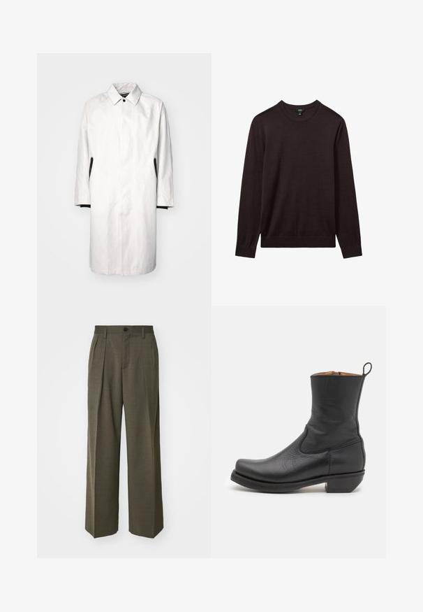 Šviesiai pilkas, iki kelių siekiantis paltas su apykakle, užsegimu ant spaudžių ir juodais akcentais šonuose. Pagamintas iš lygaus, lengvo audinio.; Reiss Džemperis - dark bordeaux; Filippa K WIDE TROUSERS - Kelnės - driftwood; Juodas odinis kulkšninis botas su lygiu paviršiumi, siauru profiliu, šoninėmis siūlėmis ir žemu kvadratiniu kulnu. Yra užvilkimo kilpelė nugarinėje dalyje.
