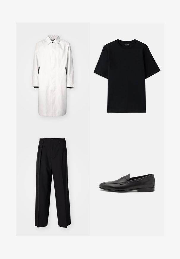 Lys grå, knælængde frakke med krave, knaplukning og sorte detaljer på siderne. Lavet af glat, letvægtsstof.; Sort bomulds T-shirt med rund hals og korte ærmer. Har subtil logo-broderi på venstre bryst. Flad, glat tekstur.; Sorte plisserede bukser med et lige, bred ben-design. Fremstillet af glat stof, med en knaplukning og bæltesløjfer.; Sort læder herre loafers med lav hæl og et klassisk penny strap design, vist i sideprofil på en hvid baggrund.