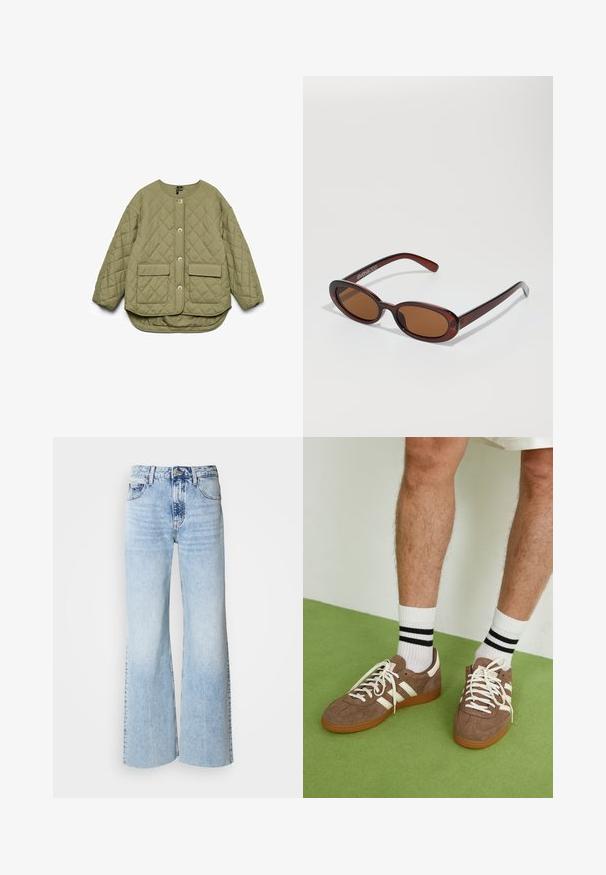 Olive zelena podložena jakna, okrogla ovratnica, sprednje zapiranje na gumb, dva žepe na zunanji strani, mehak material, spuščena ramena in rob rahlo zaobljen na hrbtu.; Bela bombažna majica s sproščenim krojem, kratkimi rokavi, krožnim ovratnikom in brez vidnih vzorcev ali okraskov. Gladka tekstura.; Svijetloplave traperice širokog kroja s izblijedjelim traper teksturom, visoki struk i klasični dizajn s pet džepova. Imaju zatvaranje na dugme i patentni zatvarač.; Rjavi semiš športni čevlji z belimi detajli in vezalkami. Gumijast podplat. Nošeni z belimi nogavicami z črnimi črtami. Zelena teksturirana talna obloga.; Okrogle, rjavo obarvane sončne naočare z sijočim burgundskim okvirjem. Tanek nosilec s subtilnim logotipom. Oblika leč je ravna.