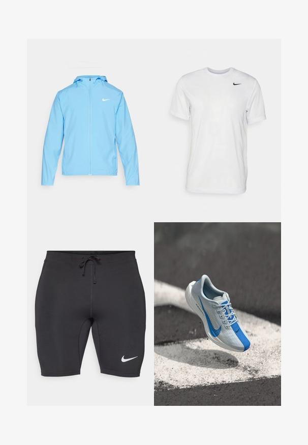 Nike Performance FORM - Giacca a vento - university blue/reflective silver; T-shirt bianco a maniche corte in tessuto morbido. Presenta un collo rotondo e un piccolo logo Nike nero sul lato sinistro del petto.; Pantaloni sportivi neri realizzati in tessuto elastico, con vita regolabile tramite cordino e un logo Nike bianco sul lato sinistro in basso.; Scarpe da corsa Nike ZoomX bianche e blu sospese sopra l'asfalto nero con una linea bianca dipinta e particelle di terra sparse.