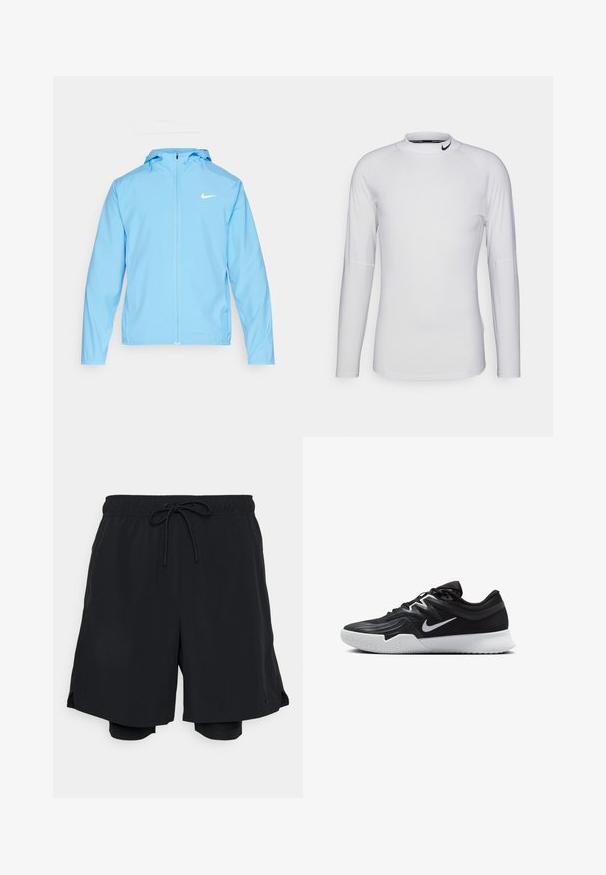 Nike Performance FORM - Outdoorjacka - university blue/reflective silver; Långärmad, vit träningsskjorta i ett mjukt, stretchtåligt material. Har en hög halsringning och svart Nike-logotyp på kragen.; Svarta träningsshorts i lättviktig tyg, med elastisk midja och dragsko, samt tight passande innershorts.; Svarta träningsskor med en texturerad ovandel, vit Nike-logga och en vit gummisula. Har snörningsdesign och en dynamisk form.