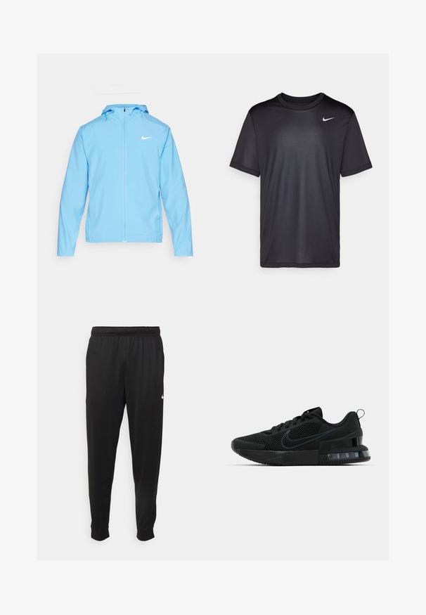 Nike Performance FORM - Széldzseki - university blue/reflective silver; Fekete sportpóló rövid ujjakkal, kerek nyakkal, sima anyagból készült. Az elülső bal felső részen egy kis fehér Nike logó található.; Fekete sportos nadrág sima anyagból, rugalmas derékkal, szűkülő lábakkal és egy kis fehér logóval a bal oldalon.; Fekete Nike sportcipő, hálós felsőrésszel, gumitalppal, párnázott nyakkal és jellegzetes átlátszó sarokbetéttel.