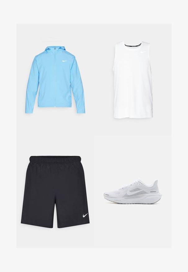 Nike Performance FORM - Windbreaker - university blue/reflective silver; Weißes ärmelloses Nike-Lauftop mit Rundhalsausschnitt, glatter Textur und schwarzem Nike-Logo auf der oberen linken Brust.; Schwarze sportliche Shorts aus leichtem Material mit einem elastischen Bund. Auf der unteren linken Seite befindet sich ein kleines weißes Nike-Logo.; Weißer Sportschuh mit einem Obermaterial aus Mesh, glatten Überzügen, grauen Akzenten, Schnürsenkeln und einer gepolsterten Sohle, die für Leistung ausgelegt ist.