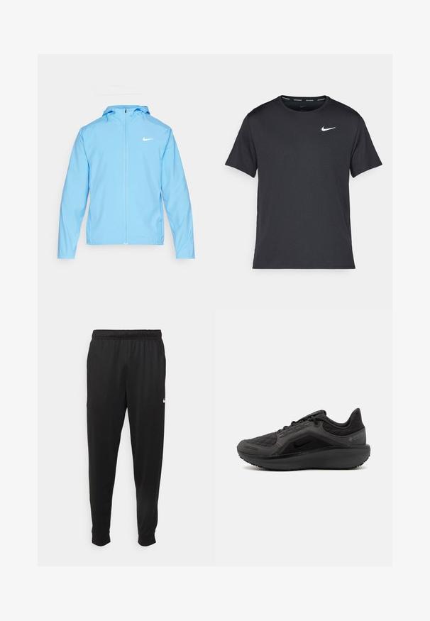 Nike Performance FORM - Windbreaker - university blue/reflective silver; Black Nike running T-shirt made of lightweight, breathable material, featuring short sleeves and a small white logo on the chest.; Black athletic pants made of smooth fabric, featuring an elastic waistband, tapered legs, and a small white logo on the left side.; Black athletic shoe with a textured quilted upper, sleek design, and black rubber sole. Features a visible logo and Gore-Tex branding.