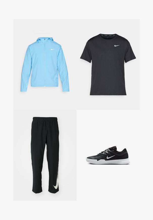 Nike Performance FORM - Windbreaker - university blue/reflective silver; Black Nike running T-shirt made of lightweight, breathable material, featuring short sleeves and a small white logo on the chest.; Black athletic pants with elastic waistband, tapering design, featuring a large white Nike logo on the left leg. Soft, lightweight fabric.; Black athletic shoe with a textured upper, white Nike swoosh, and a white rubber outsole. Features a lace-up design and dynamic shape.
