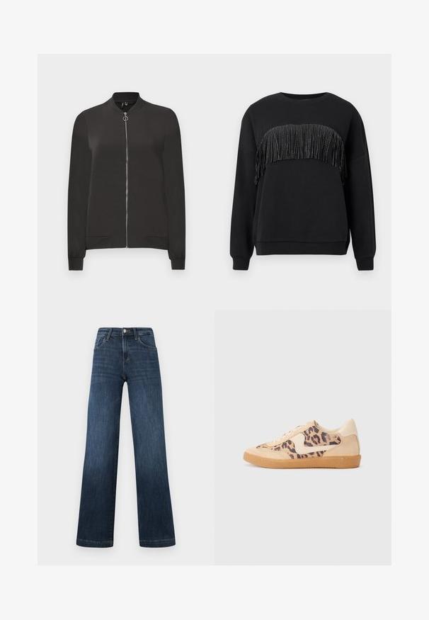 Giacca bomber nera realizzata in tessuto liscio, con zip frontale, colletto e polsini a coste e due tasche laterali.; Sweatshirt nero con una larga frangia di borchie metalliche sul petto, colletto rotondo e polsini e orlo a costine. Tessuto morbido.; Jeans in denim blu scuro con un design a gamba larga, dotati di cinque tasche e chiusura anteriore con bottone. Texture liscia e dettagli di cucitura classica.; Sneakers in stampa leopardata con parte superiore in suede beige, suola in gomma color caramello e dettagli bianchi. Punta rotonda e design con lacci, con una finitura testurizzata.