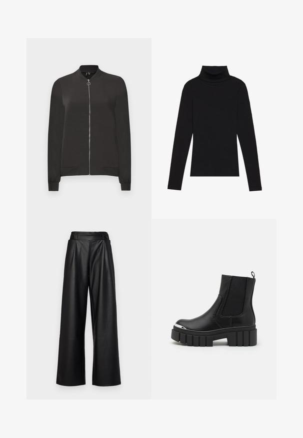Svart bomberjakke laget av glatt stoff, med frontglidelås, ribbet krage og mansjetter, samt to sidelommer.; Svart høyhalset langermet topp, laget av ribbestrikket stoff, har en tettsittende design med høy hals og uten mønstre eller dekorasjoner.; Svarte, vide bukser laget av lær, med høy midje, folder og to sirkulære knapper foran for lukking.; Svarte ankelstøvler laget av glatt lær med elastiske paneler, en tykk plattformsåle og en metalltåhette.