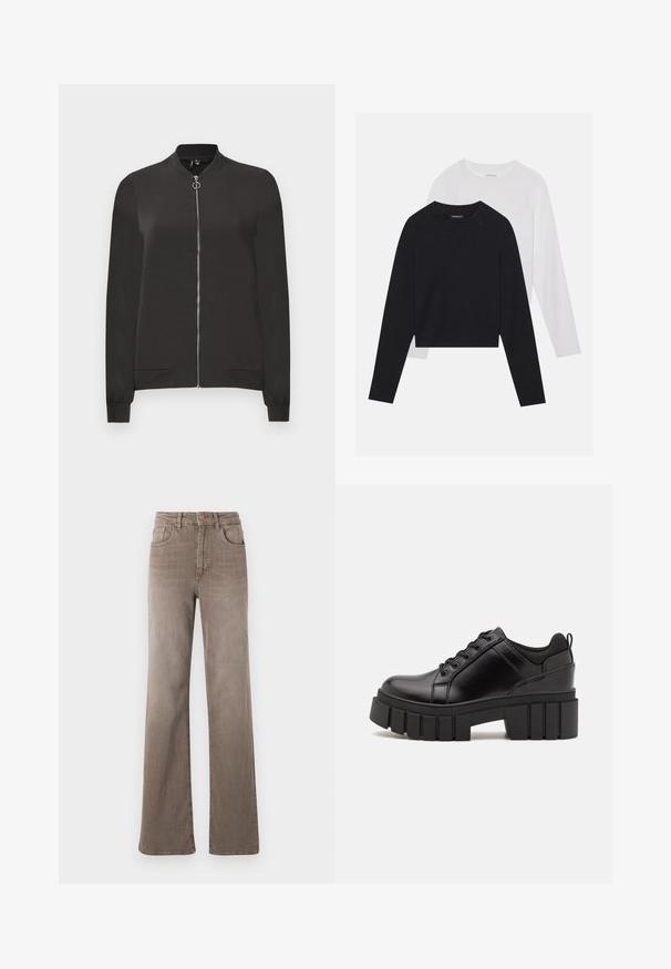 Veste bomber noire en tissu lisse, avec une fermeture éclair à l'avant, un col et des poignets côtelés, et deux poches latérales.; Deux chemises à manches longues : une noire et une blanche. Les deux présentent un col rond, des manches raglan et un tissu doux en mélange de coton.; Jean taille haute droit marron avec bouton avant, passants de ceinture et design classique à cinq poches sur fond blanc.; Chaussures à plateforme en cuir noir avec un talon bloc épais, bout rond et un design traditionnel à lacets. Elles présentent une texture lisse et un détail minimal.