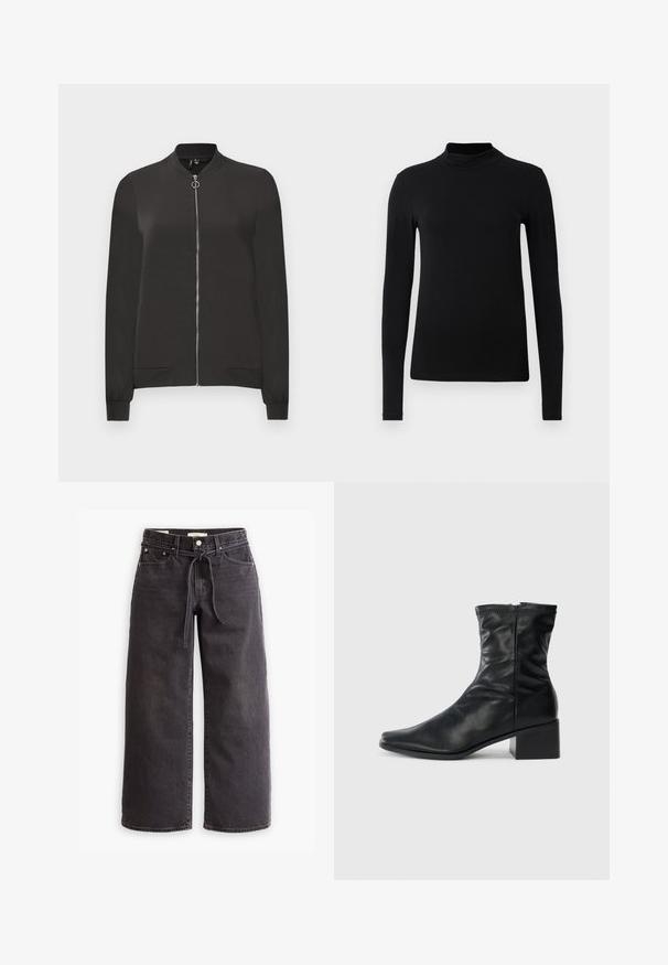 Black bomber jacket made from smooth fabric, featuring a front zipper, ribbed collar and cuffs, and two side pockets.; Black long-sleeve turtleneck shirt made of smooth fabric; fitted design with a high collar and no visible seams. Simple, solid color.; Black wide-leg jeans made of denim, featuring a drawstring waist, five pockets, and contrast stitching details. Flat-front design.; Black mid-calf leather boot with a square toe, side zipper, and block heel on a plain white background.