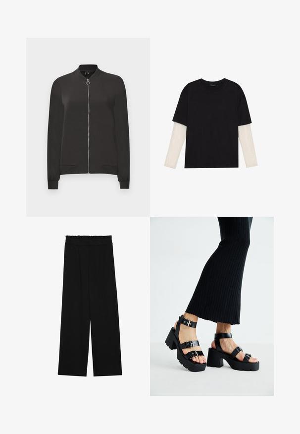 Zwarte bomberjack van gladde stof, met een ritssluiting aan de voorkant, ribgebreide kraag en manchetten, en twee zijzakken.; Zwarte T-shirt van katoen, met korte mouwen over een witte lange mouw laag met een subtiel textuurpatroon. Ronde hals ontwerp.; Zwarte wijde broek met een gerimpelde tailleband, voorzien van twee zijzakken en een soepele, lichte stof. Geen zichtbare patronen of hardware.; Zwarte platform sandalen met dikke, grofgevormde zolen en meerdere bandjes, voorzien van metalen gespen en een gladde leerachtige textuur.