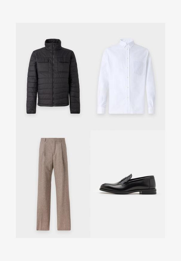 Mustat eristetyt takit, joissa on korkea kaulus, etuvetoketju ja kaksi rintataskua. Ominaisuuksiin kuuluu tikattu muotoilu ja sileä pinta.; Valkoinen pitkähihaista napillista paitaa, joka on valmistettu puuvillasta. Paita sisältää rinnan kohdalla taskun, jossa on samaa sävyä oleva brodeeraus, kauluksen sekä napilliset hihansuut.; Ruskejat, korkeavyötäröiset housut, jotka on valmistettu teksturoidusta kankaasta. Ominaisuuksina ovat leveät lahkeet ja kaksi etupuolelle ommeltua laskosta rakenteen tukemiseksi. Siisti viimeistely ilman näkyvää metalliosaa.; Mustat nahkakengät, joissa on sileä pinta, pyöreä kärki ja koristeellinen nauha jalkapöydän yli. Matala pinoitu koroke, minimalistinen muotoilu.