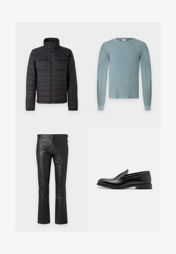 Crna izolirana jakna s visokim ovratnikom, prednjim zatvaračem i dva džepa na prsima. Ima quilted dizajn i glatku teksturu.; Svijetloplava košulja dugih rukava s rebrastom teksturom i okruglim izrezom. Ima uske manžete i jednostavnu oznaku branda na ovratniku.; Crne kožne hlače ravnog kroja, s patentnim zatvaračima na džepovima, ušivenim zakrpama na koljenima i podesivim detaljima na struku. Glatka tekstura.; Crni kožni mokasini s glatkom teksturom, zaobljenim prstima i ukrasnom trakom preko prednjeg dijela. Niski slojeviti potplat, minimalistički dizajn.