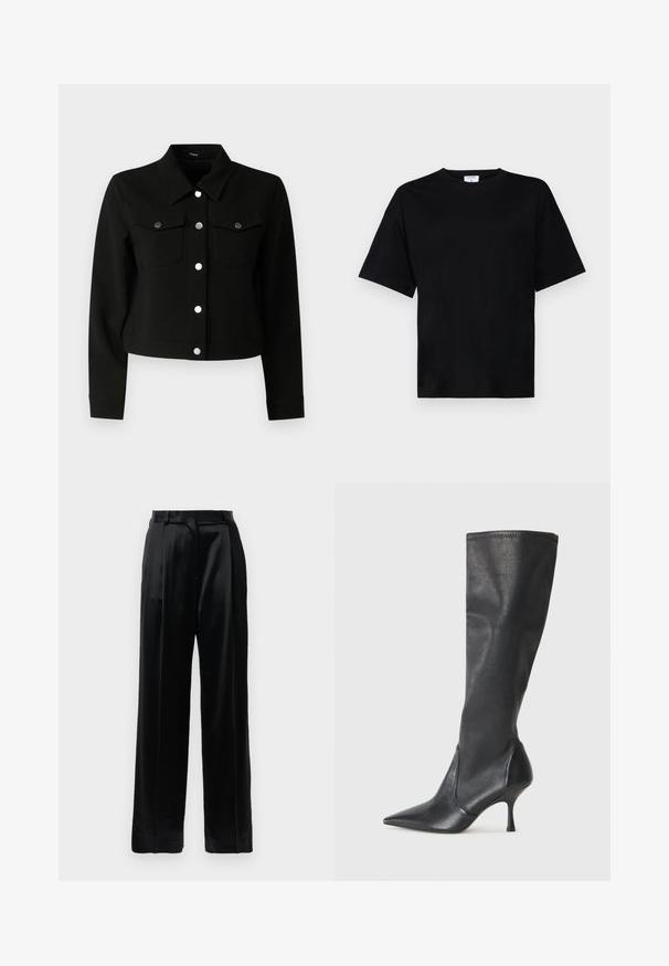Sort cropped jakke med spidse krave, lange ærmer, to klaplommer på brystet og sølvfarvede trykknapper foran.; Sort kortærmet t-shirt i en afslappet pasform, lavet af blødt stof, med rund halsudskæring og uden fremtrædende mønstre eller accenter.; Sorte satinbukser med høj talje, lige brede ben, bæltestropper og flad lukning på en ensfarvet hvid baggrund.; Knæhøje sorte læderstøvler med spidse tæer og slanke stiletto-hele. Glat tekstur med en tætsiddende design og syninger ved toppen.